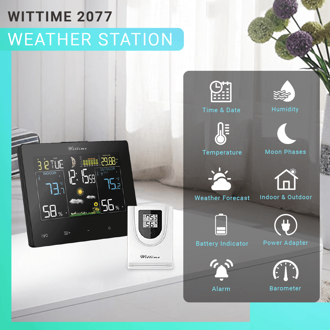 3P5CQB3 Wittime 2079 Indoor Outdoor Thermometer, Weather Station,Digital  Inside Outside Temperatur Monitor, Indoor Humidity Room