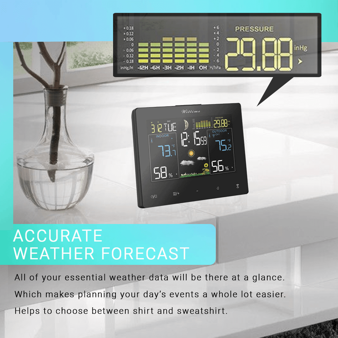 Weather Station Wireless Indoor Outdoor, 12h Weather Forecast with 1 Outdoor  Sensor, Temperature Humidity Monitor Gauge with Weather Clock, HD Color  Large Screen, Backlight, Snooze Mode 